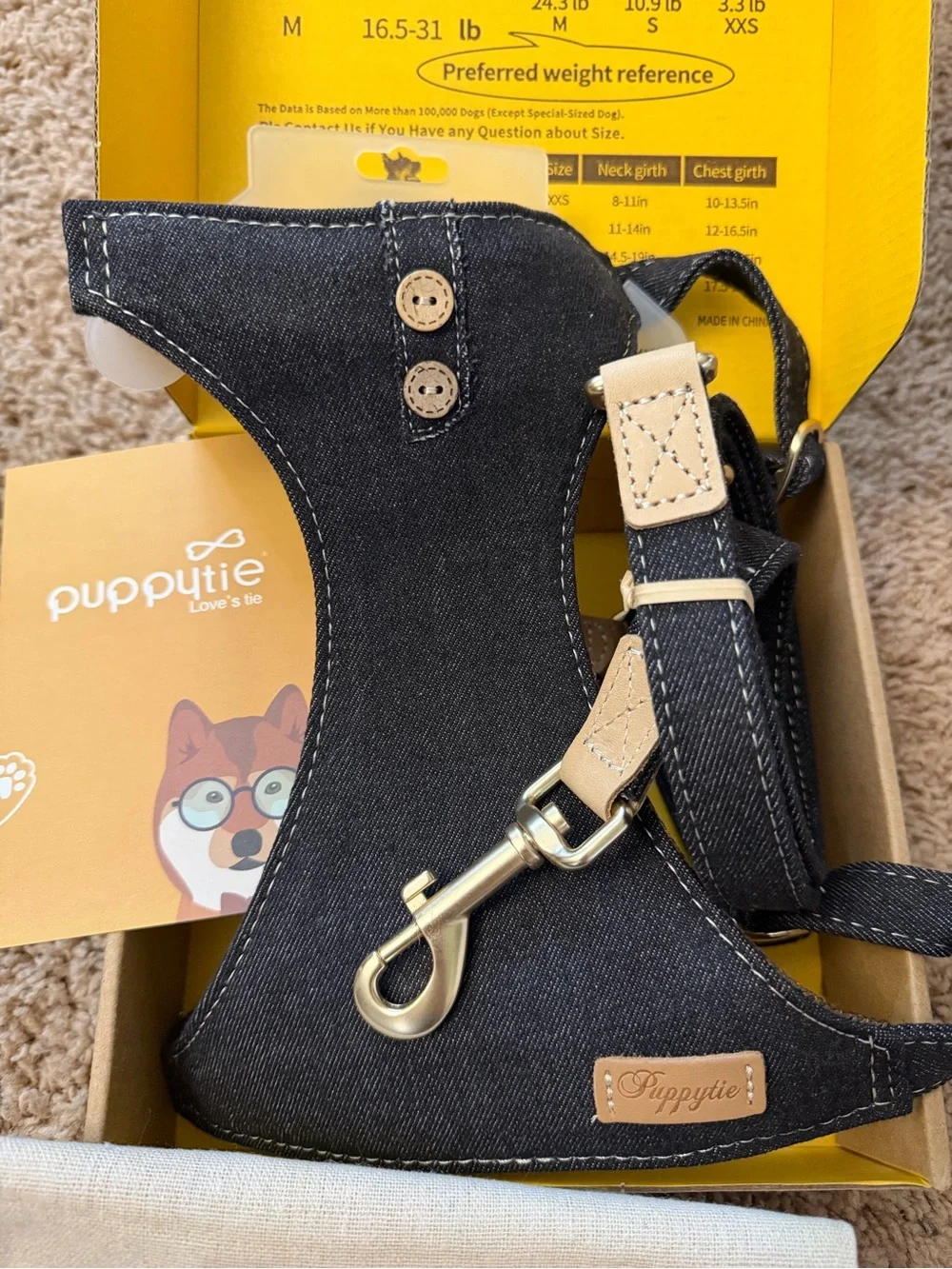 Button-Denim Blue Dog Harness and Leash Set - Stylish Comfort XXL